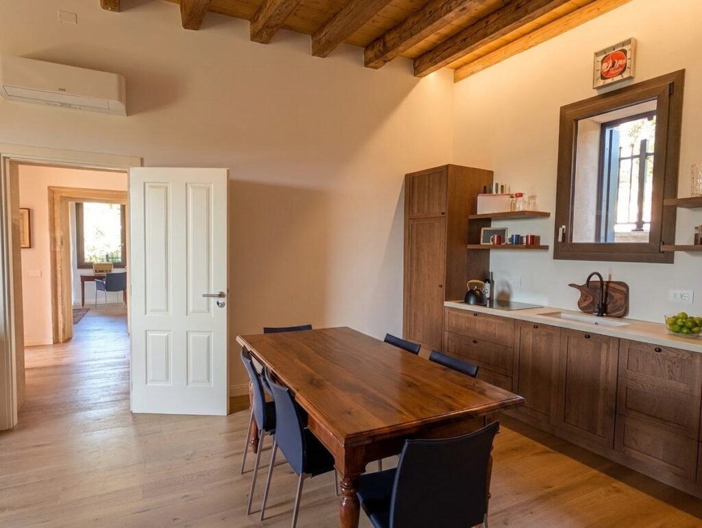 La Colombara apartment kitchen and dining area in walnut
